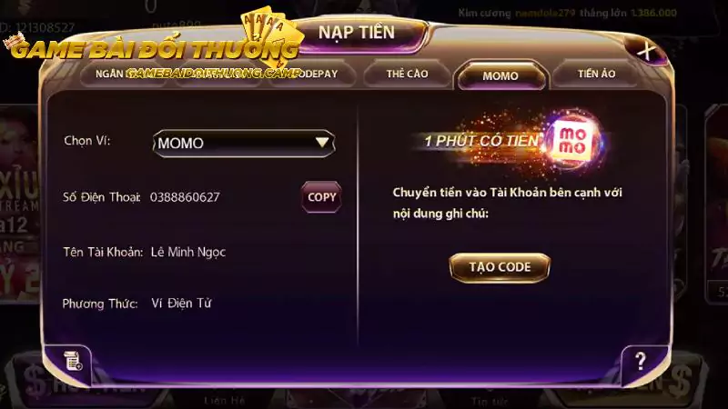Nạp tiền game bài đổi thưởng với Ví điện tử
